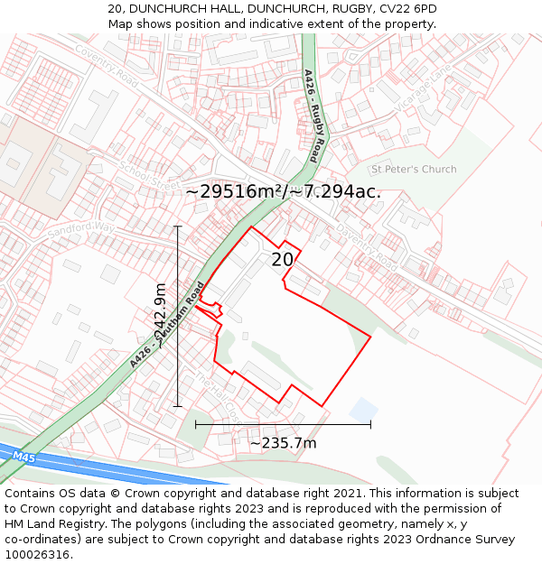 20, DUNCHURCH HALL, DUNCHURCH, RUGBY, CV22 6PD: Plot and title map