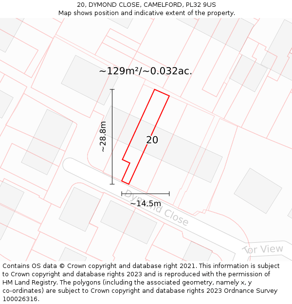 20, DYMOND CLOSE, CAMELFORD, PL32 9US: Plot and title map