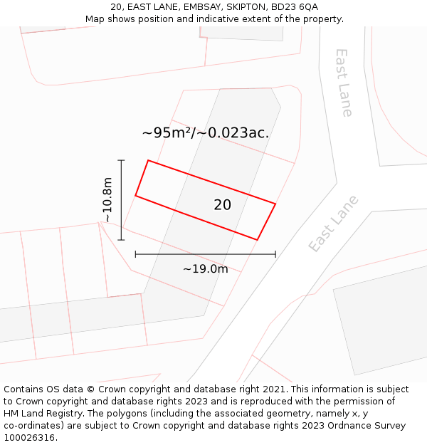 20, EAST LANE, EMBSAY, SKIPTON, BD23 6QA: Plot and title map