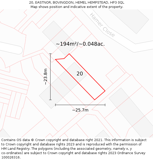 20, EASTNOR, BOVINGDON, HEMEL HEMPSTEAD, HP3 0QL: Plot and title map