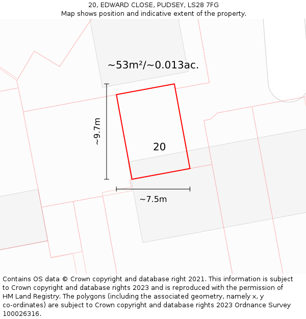 20, EDWARD CLOSE, PUDSEY, LS28 7FG: Plot and title map