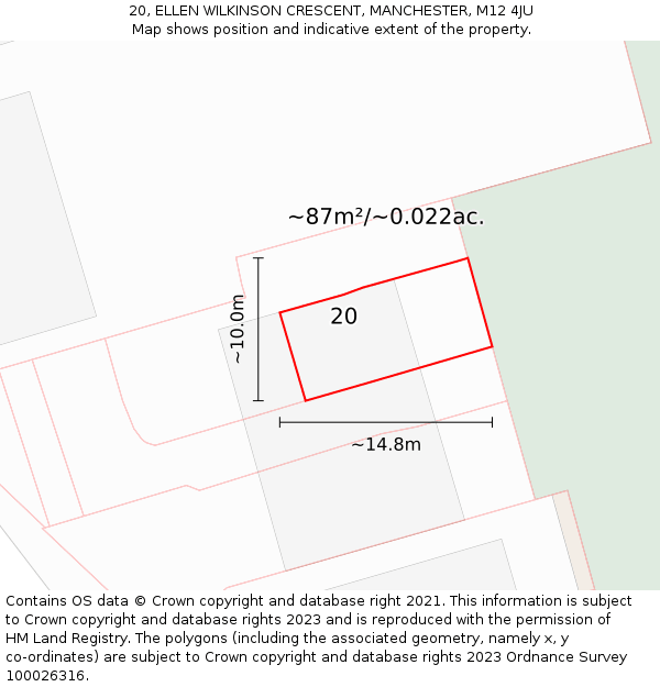 20, ELLEN WILKINSON CRESCENT, MANCHESTER, M12 4JU: Plot and title map