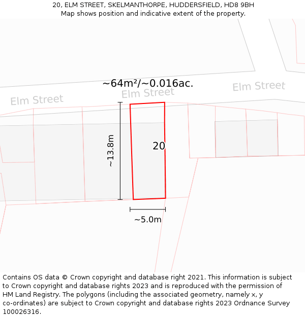20, ELM STREET, SKELMANTHORPE, HUDDERSFIELD, HD8 9BH: Plot and title map
