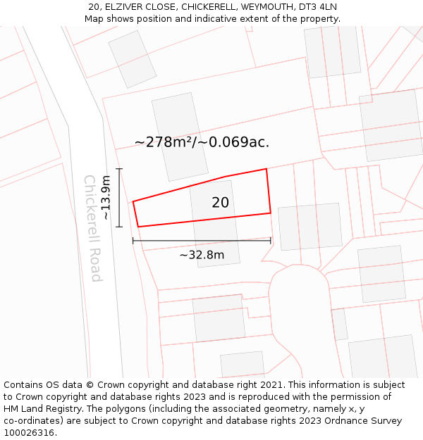 20, ELZIVER CLOSE, CHICKERELL, WEYMOUTH, DT3 4LN: Plot and title map