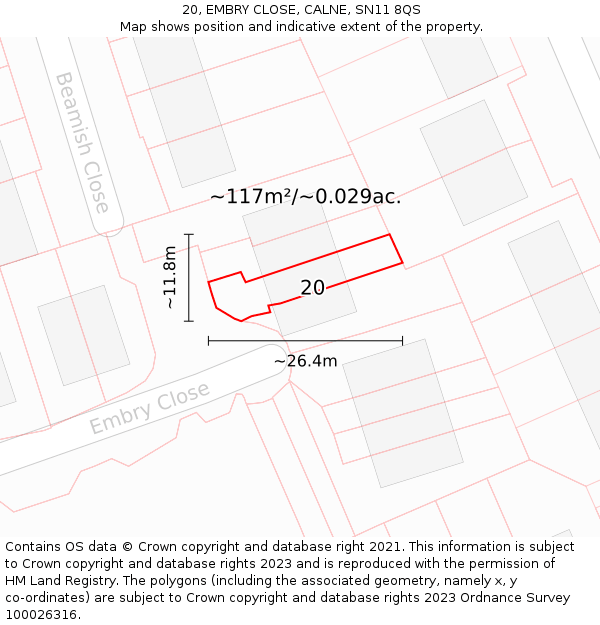20, EMBRY CLOSE, CALNE, SN11 8QS: Plot and title map