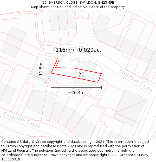 20, EMERSON CLOSE, SWINDON, SN25 4FB: Plot and title map