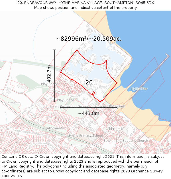 20, ENDEAVOUR WAY, HYTHE MARINA VILLAGE, SOUTHAMPTON, SO45 6DX: Plot and title map