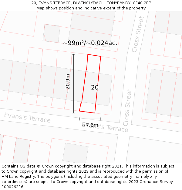20, EVANS TERRACE, BLAENCLYDACH, TONYPANDY, CF40 2EB: Plot and title map