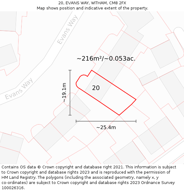 20, EVANS WAY, WITHAM, CM8 2FX: Plot and title map
