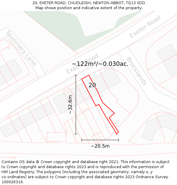 20, EXETER ROAD, CHUDLEIGH, NEWTON ABBOT, TQ13 0DD: Plot and title map