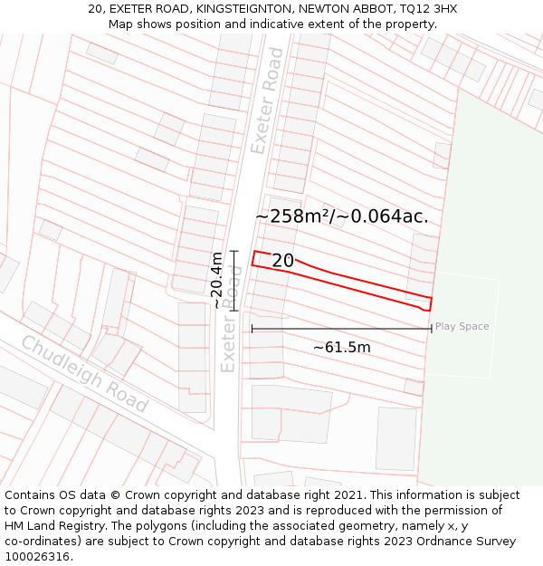 20, EXETER ROAD, KINGSTEIGNTON, NEWTON ABBOT, TQ12 3HX: Plot and title map