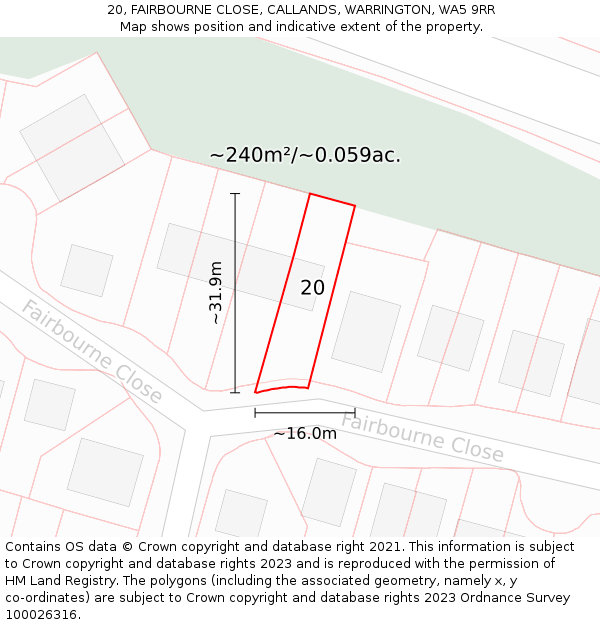 20, FAIRBOURNE CLOSE, CALLANDS, WARRINGTON, WA5 9RR: Plot and title map