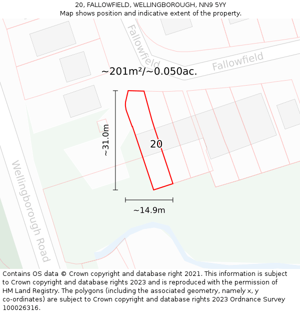 20, FALLOWFIELD, WELLINGBOROUGH, NN9 5YY: Plot and title map
