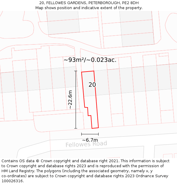 20, FELLOWES GARDENS, PETERBOROUGH, PE2 8DH: Plot and title map