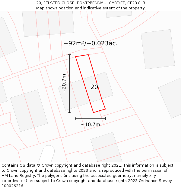 20, FELSTED CLOSE, PONTPRENNAU, CARDIFF, CF23 8LR: Plot and title map