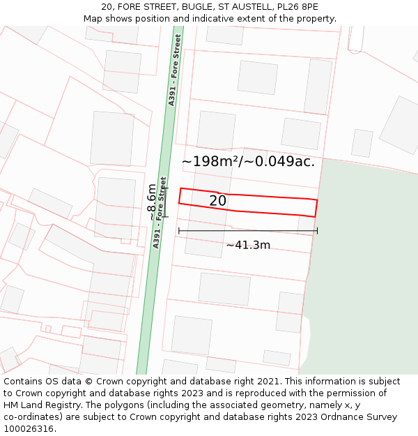 20, FORE STREET, BUGLE, ST AUSTELL, PL26 8PE: Plot and title map