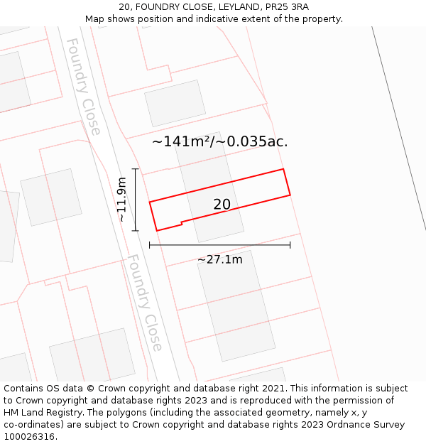 20, FOUNDRY CLOSE, LEYLAND, PR25 3RA: Plot and title map