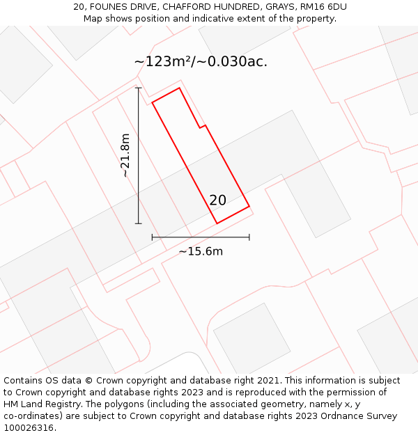 20, FOUNES DRIVE, CHAFFORD HUNDRED, GRAYS, RM16 6DU: Plot and title map