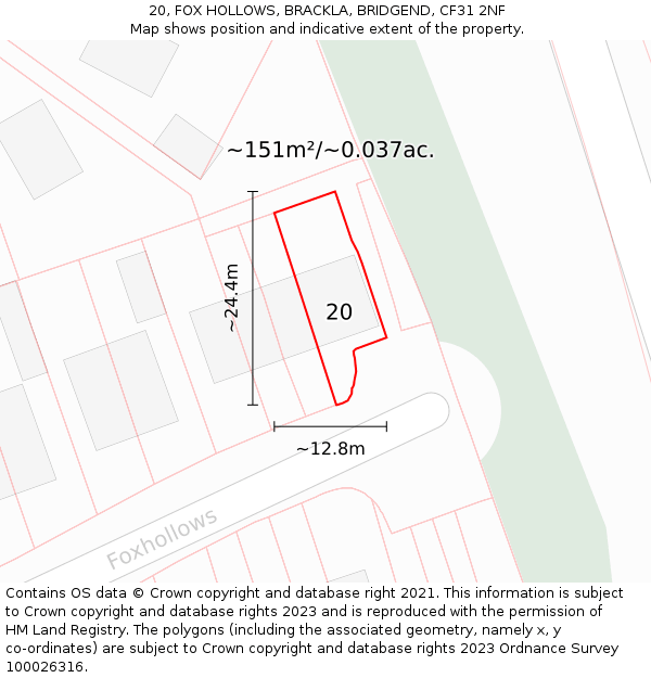 20, FOX HOLLOWS, BRACKLA, BRIDGEND, CF31 2NF: Plot and title map