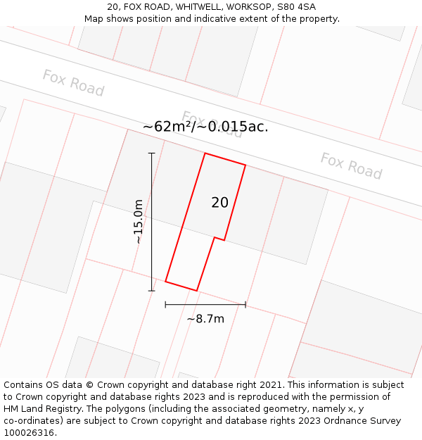 20, FOX ROAD, WHITWELL, WORKSOP, S80 4SA: Plot and title map