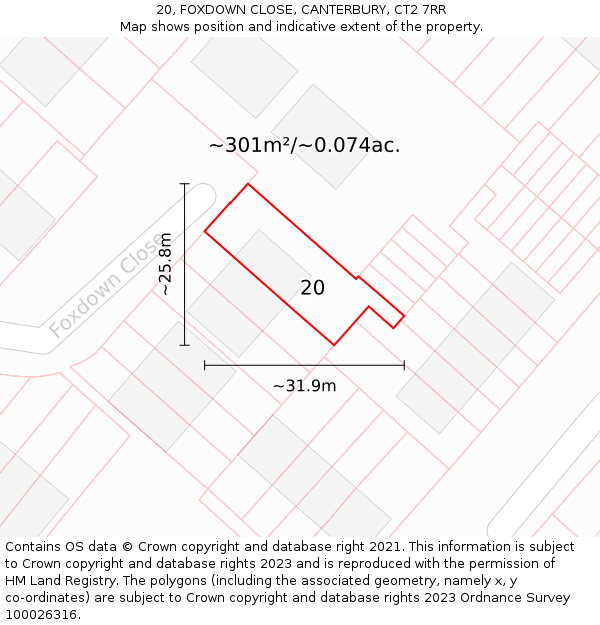 20, FOXDOWN CLOSE, CANTERBURY, CT2 7RR: Plot and title map