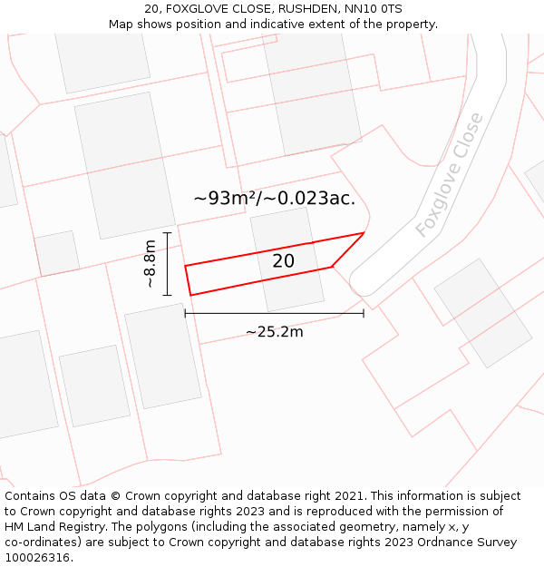 20, FOXGLOVE CLOSE, RUSHDEN, NN10 0TS: Plot and title map