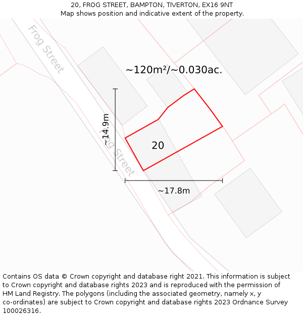 20, FROG STREET, BAMPTON, TIVERTON, EX16 9NT: Plot and title map