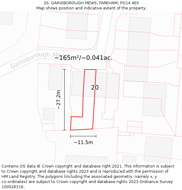 20, GAINSBOROUGH MEWS, FAREHAM, PO14 4EX: Plot and title map