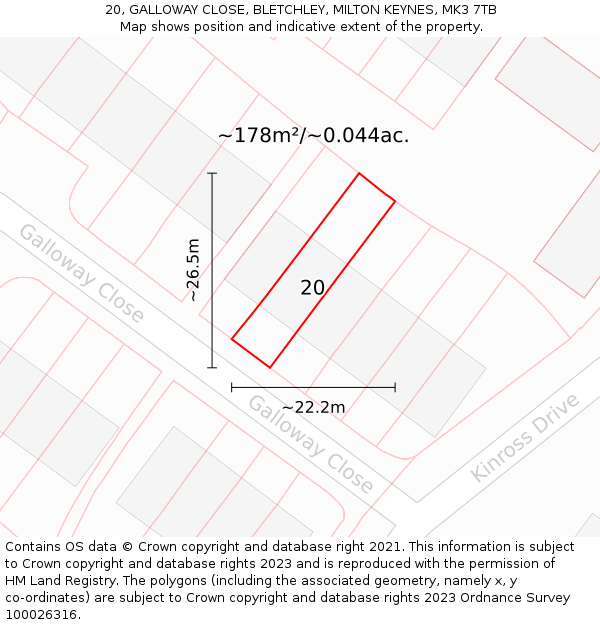 20, GALLOWAY CLOSE, BLETCHLEY, MILTON KEYNES, MK3 7TB: Plot and title map