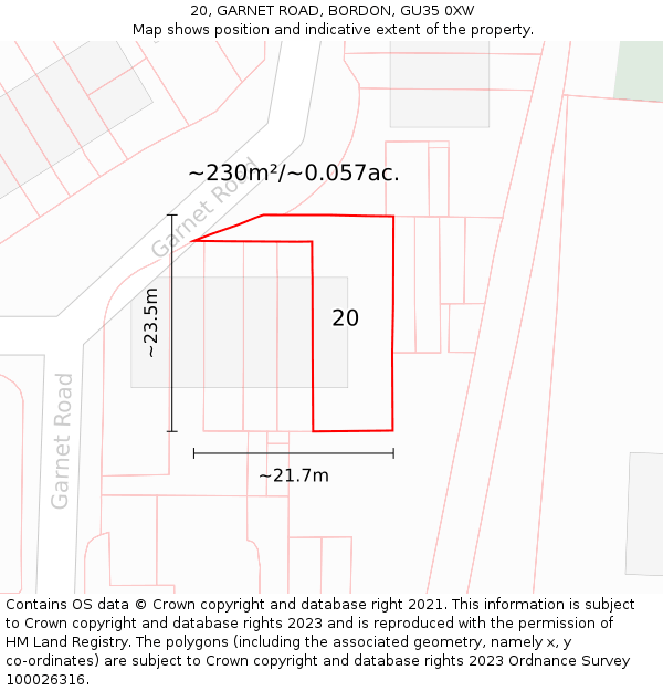 20, GARNET ROAD, BORDON, GU35 0XW: Plot and title map