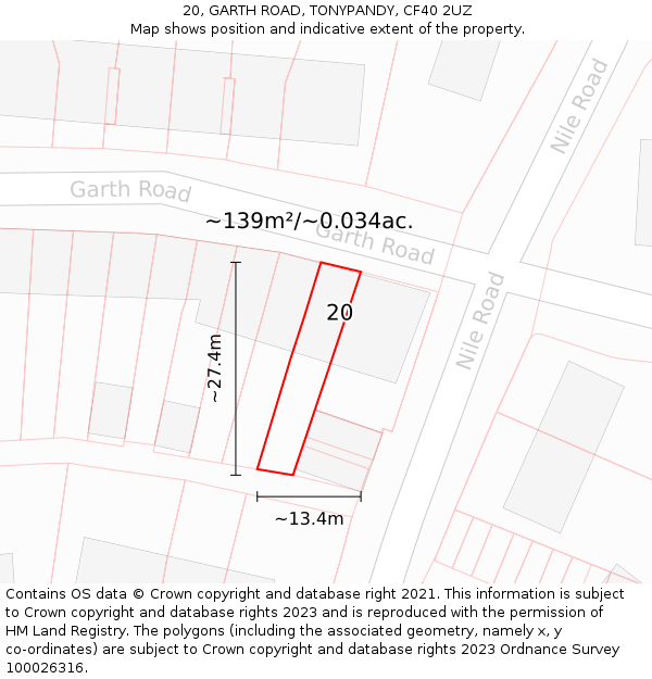 20, GARTH ROAD, TONYPANDY, CF40 2UZ: Plot and title map