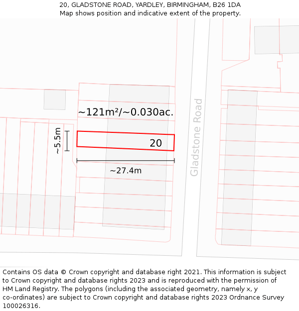 20, GLADSTONE ROAD, YARDLEY, BIRMINGHAM, B26 1DA: Plot and title map