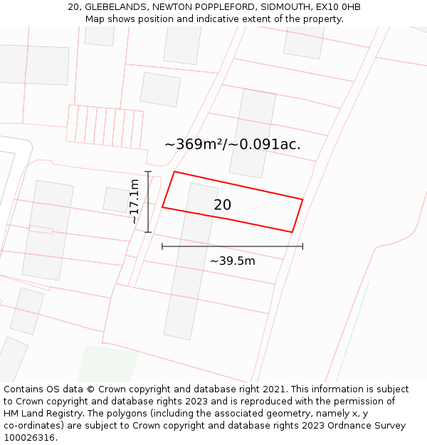 20, GLEBELANDS, NEWTON POPPLEFORD, SIDMOUTH, EX10 0HB: Plot and title map