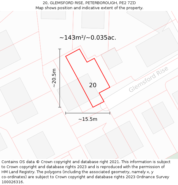 20, GLEMSFORD RISE, PETERBOROUGH, PE2 7ZD: Plot and title map