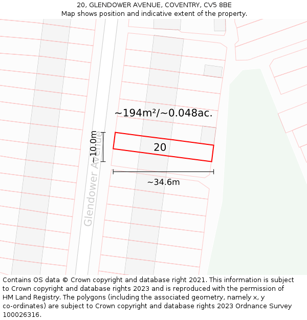 20, GLENDOWER AVENUE, COVENTRY, CV5 8BE: Plot and title map