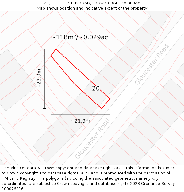 20, GLOUCESTER ROAD, TROWBRIDGE, BA14 0AA: Plot and title map