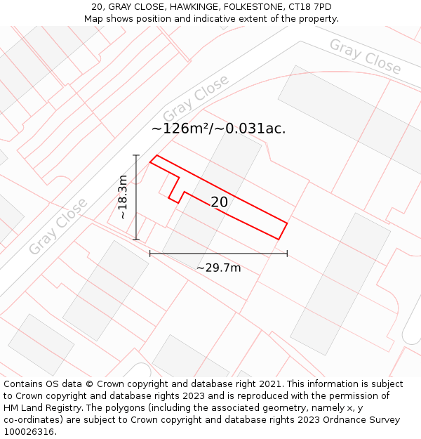 20, GRAY CLOSE, HAWKINGE, FOLKESTONE, CT18 7PD: Plot and title map