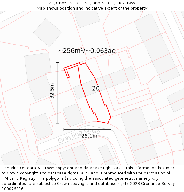 20, GRAYLING CLOSE, BRAINTREE, CM7 1WW: Plot and title map