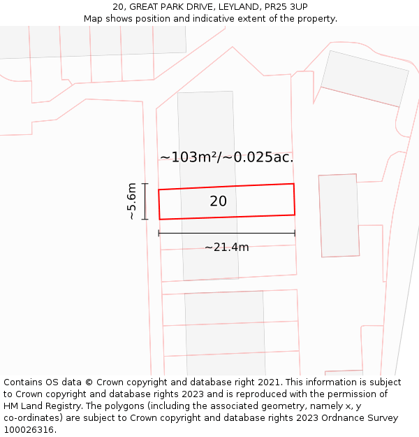 20, GREAT PARK DRIVE, LEYLAND, PR25 3UP: Plot and title map
