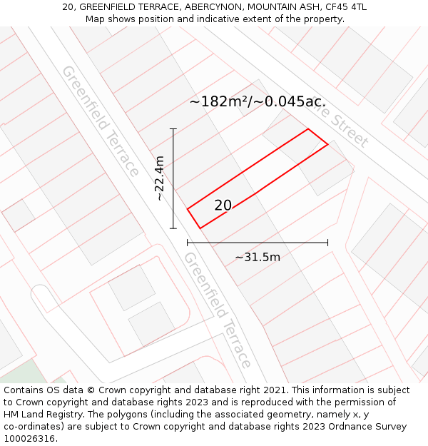 20, GREENFIELD TERRACE, ABERCYNON, MOUNTAIN ASH, CF45 4TL: Plot and title map