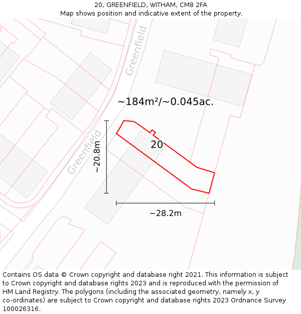 20, GREENFIELD, WITHAM, CM8 2FA: Plot and title map