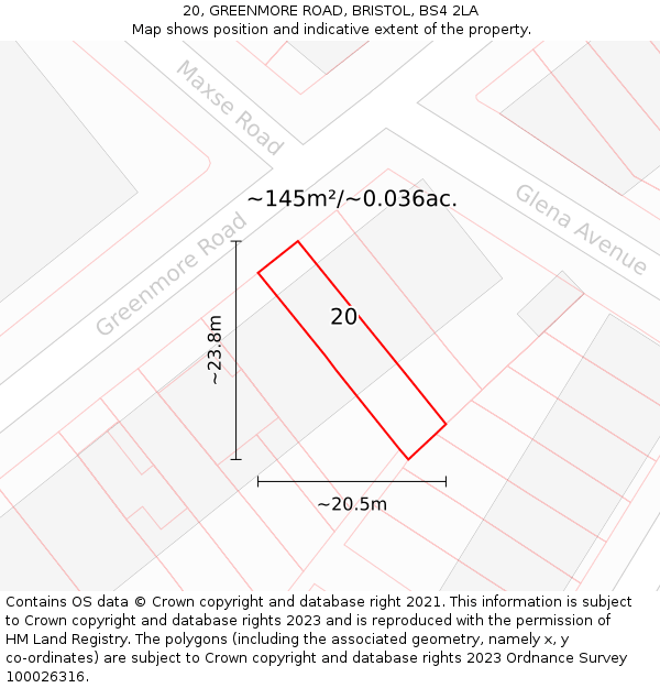 20, GREENMORE ROAD, BRISTOL, BS4 2LA: Plot and title map