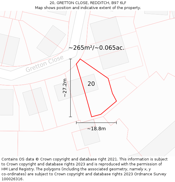 20, GRETTON CLOSE, REDDITCH, B97 6LF: Plot and title map