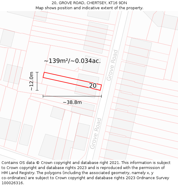 20, GROVE ROAD, CHERTSEY, KT16 9DN: Plot and title map