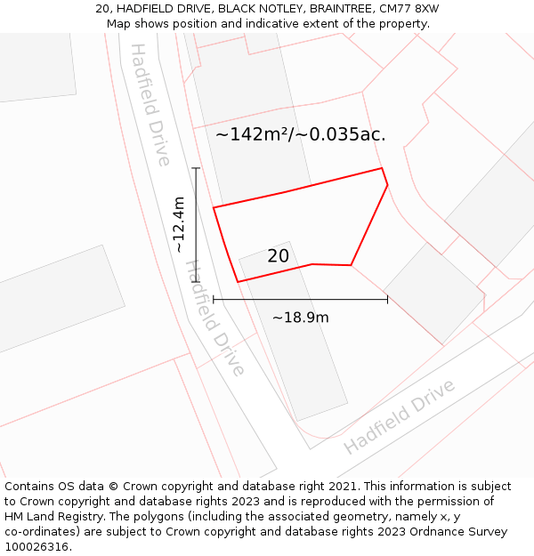 20, HADFIELD DRIVE, BLACK NOTLEY, BRAINTREE, CM77 8XW: Plot and title map