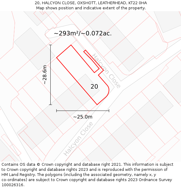 20, HALCYON CLOSE, OXSHOTT, LEATHERHEAD, KT22 0HA: Plot and title map
