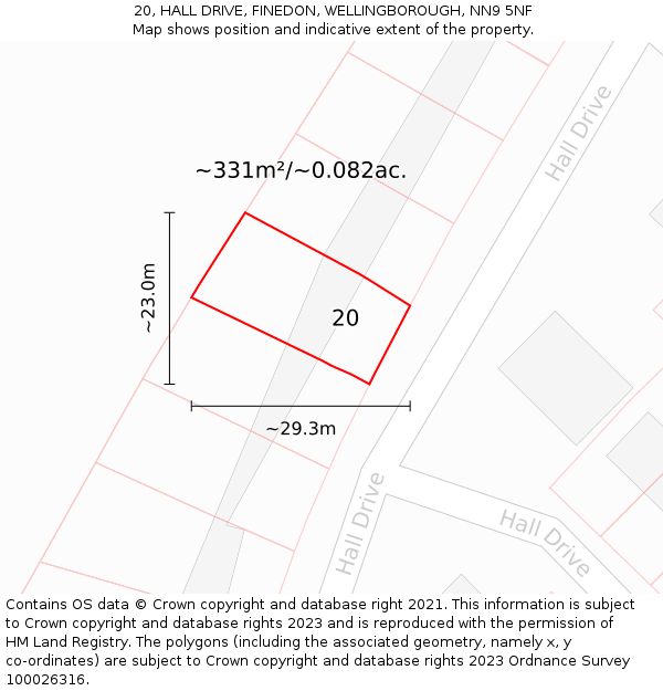 20, HALL DRIVE, FINEDON, WELLINGBOROUGH, NN9 5NF: Plot and title map