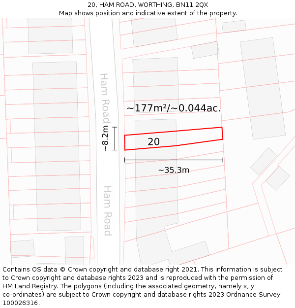 20, HAM ROAD, WORTHING, BN11 2QX: Plot and title map