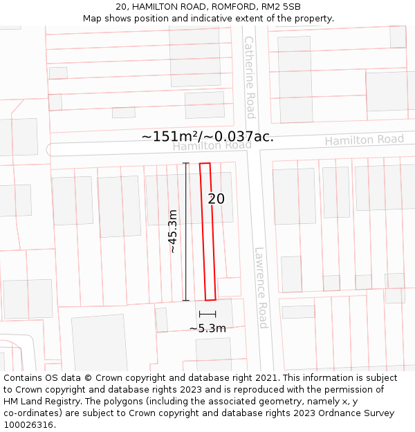 20, HAMILTON ROAD, ROMFORD, RM2 5SB: Plot and title map