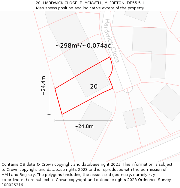 20, HARDWICK CLOSE, BLACKWELL, ALFRETON, DE55 5LL: Plot and title map
